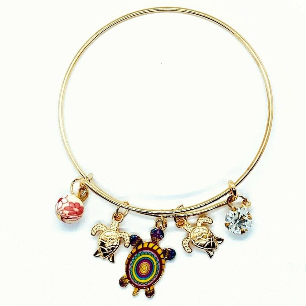 Beaded Sea Turtle Charm Colorful Bangle Bracelet